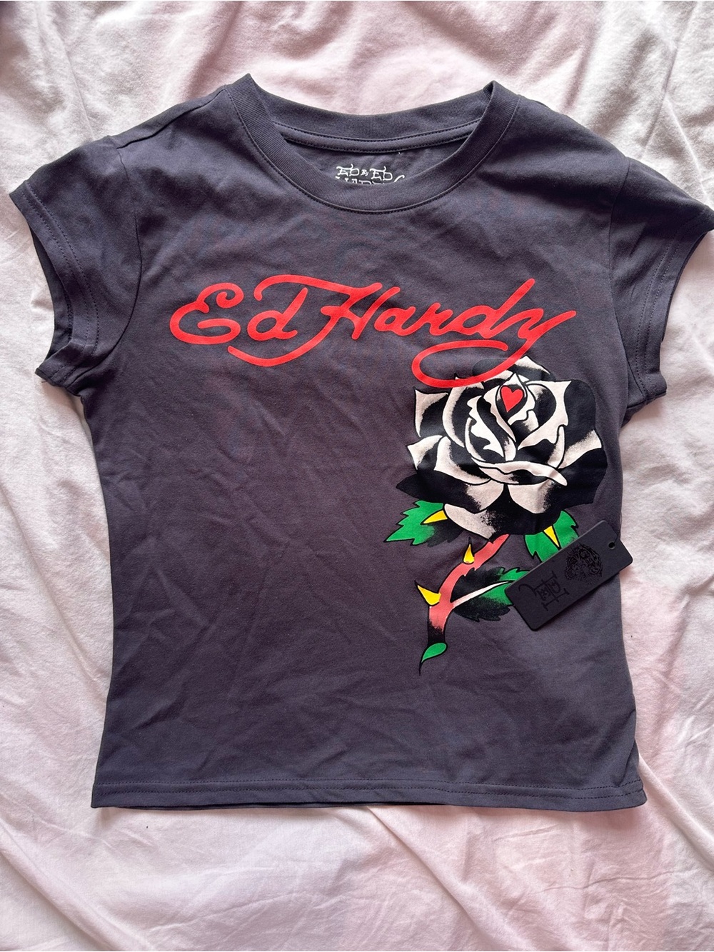 Ed Hardy Y2K Rose Graphic Baby Tee Charcoal Grey Tattoo Top Size L